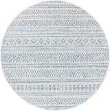 Close-up of the round Novato All Over Pattern Performance Rug. Features blue geometric designs on a light background. Design-Round-710