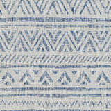 Close-up of Novato All Over Pattern Performance Rug. Blue, ink blue, and taupe geometric design. Swatch