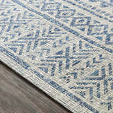 Close up of Novato All Over Pattern Performance Rug. Blue geometric design on a textured, machine woven rug. Texture