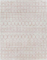 Close-up of Narrogin Area Rug with a blush geometric pattern on a cream shag texture. Bohemian style. Design-Rectangle-71010
