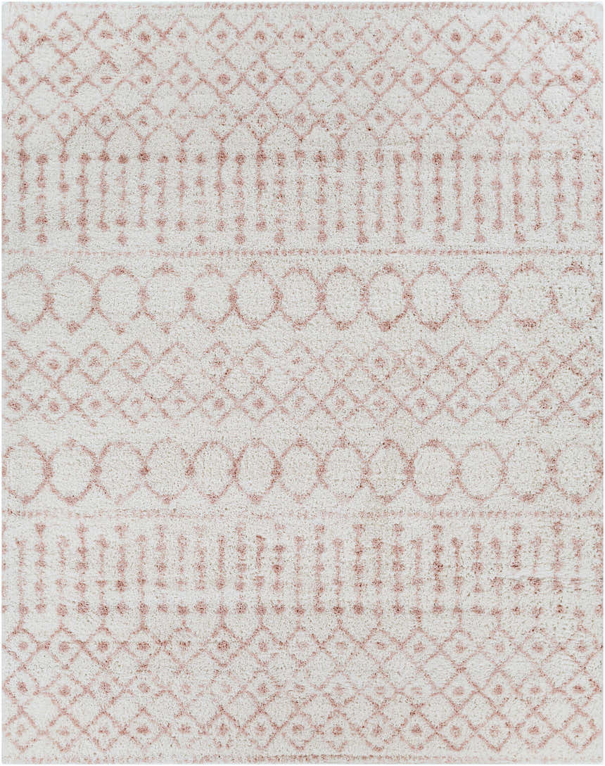 Close-up of Narrogin Area Rug with a blush geometric pattern on a cream shag texture. Bohemian style. Design-Rectangle-71010