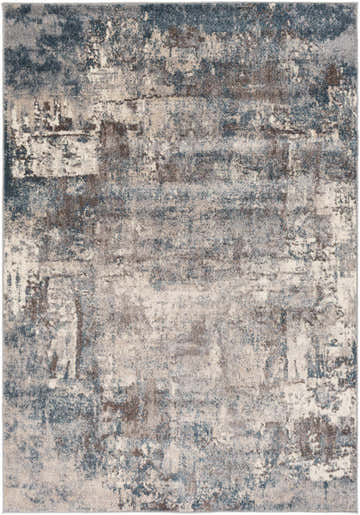 Close-up of the Netherfield Abstract Gray Rug. Features a contemporary charcoal, cream, dark blue, gray, and taupe pattern. Design-Rectangle-5373