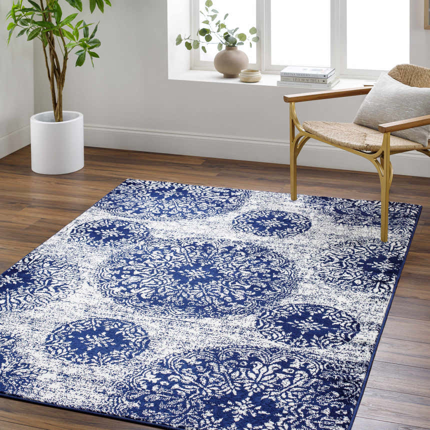 Living room scene with navy and pale blue Nubia Area Rug, woven chair, wood floors, and natural light. Roomscene-Rectangle