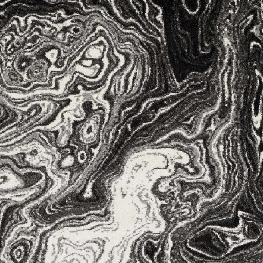 Close-up of the Nuevo Black Marble Carpet, featuring a contemporary black, cream, and gray swirling pattern. Swatch