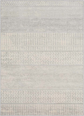 Close-up of the Nunda Gray Rug. Contemporary style with gray, ivory, and silver gray geometric patterns and machine-woven texture. Design-Rectangle-5373
