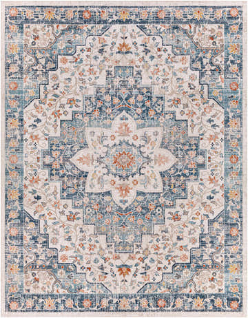 Detailed Invermere Outdoor Rug close-up. Cream rug with brick red, denim, and navy floral and geometric patterns. Design-Rectangle-71010