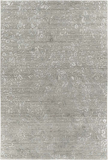 Close-up of the Newburn Area Carpet. Charcoal gray rug with a subtle, raised light gray abstract pattern. Hand-loomed texture. Design-Rectangle-69
