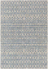 Close-up of Newbern Outdoor Rug. Blue diamond pattern on a textured taupe and white background. Design-Rectangle-5376
