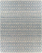 Close-up of the Newbern Outdoor Rug, featuring a blue diamond and dot pattern on a taupe background. Design-Rectangle-710103