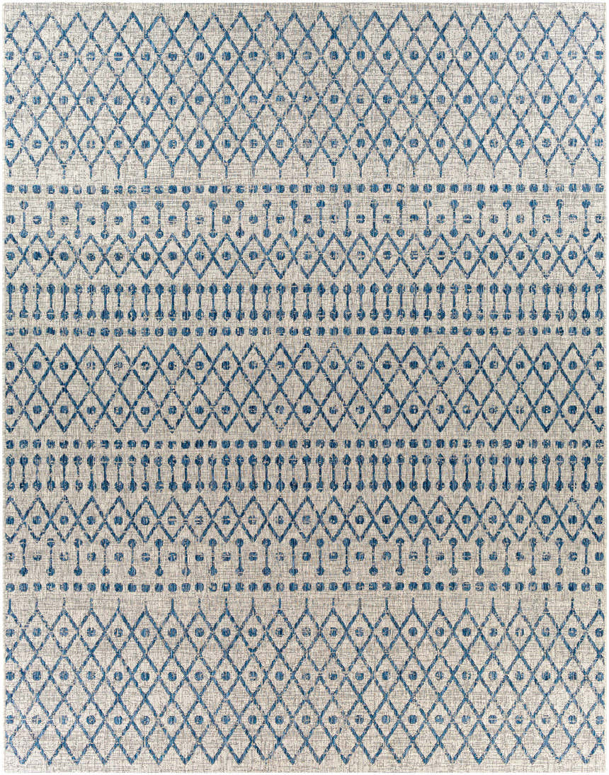 Close-up of the Newbern Outdoor Rug, featuring a blue diamond and dot pattern on a taupe background. Design-Rectangle-710103