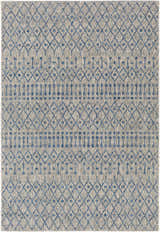 Close-up of the Newbern Outdoor Rug. Bohemian style rug with blue diamond and stripe pattern on a taupe background. Design-Rectangle