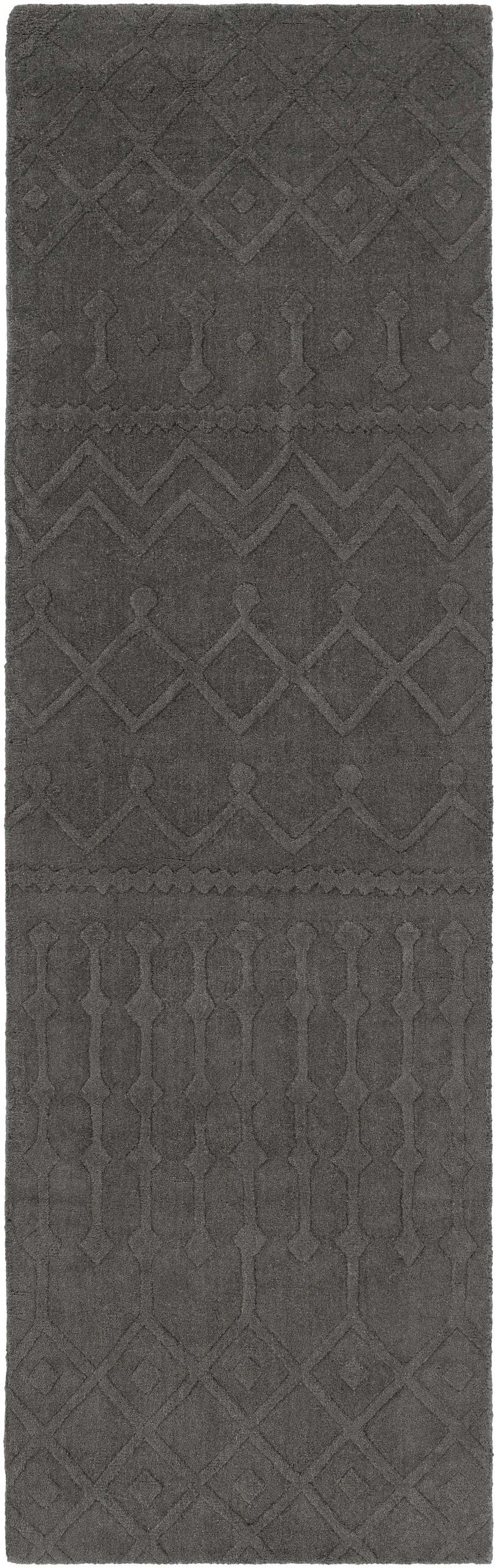 Close-up of the charcoal Newtonhill Clearance Rug. Hand-loomed wool rug with farmhouse-style geometric patterns. Design-Runner-268