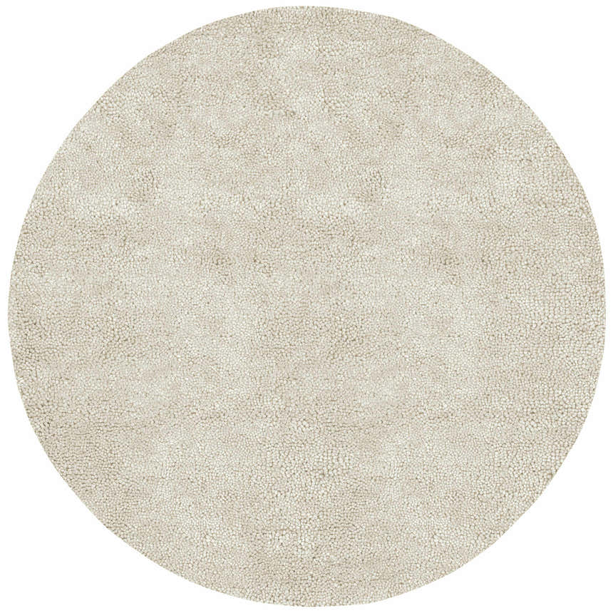 Close-up of a round, cream colored Oakridge Area Rug. The 100% wool rug has a hand woven texture. Design-Round-8