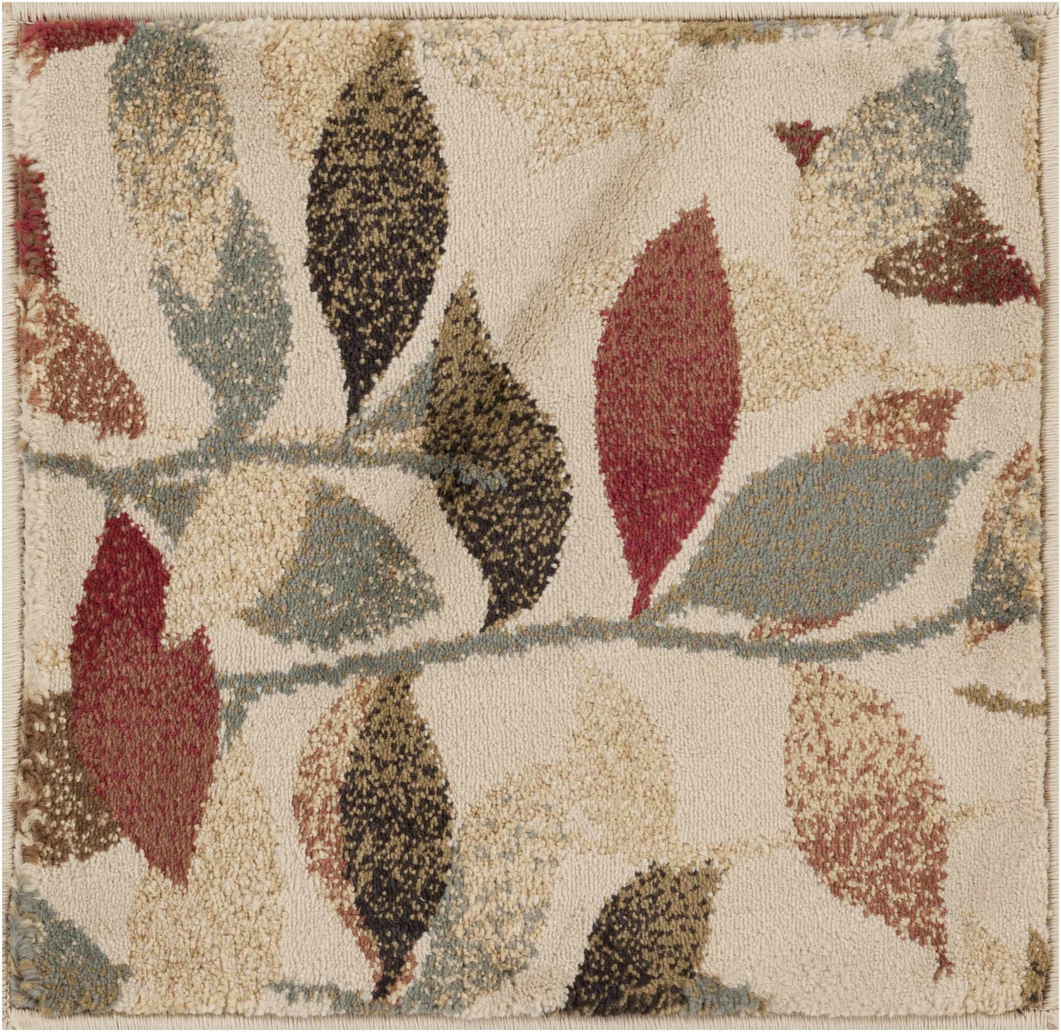 Close-up of the Ober Fall Leaves Rug. Features a leaf pattern with black, red, green, and brown tones on a cream background. Swatch