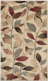 Close-up of Ober Fall Leaves Rug. Beige rug with red, brown, olive, and charcoal leaf pattern. Contemporary style. Design-Rectangle-233