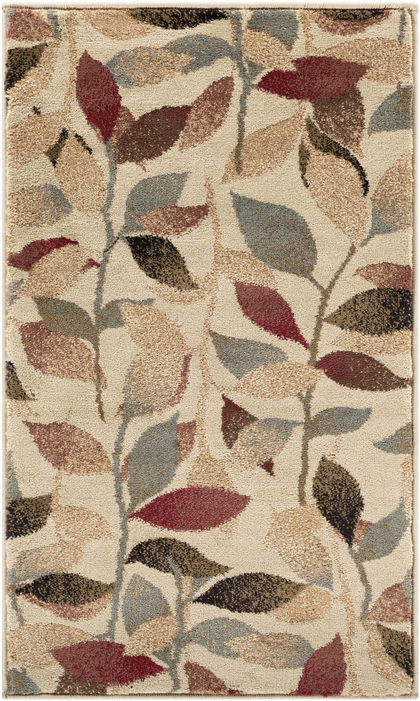 Close-up of Ober Fall Leaves Rug. Beige rug with red, brown, olive, and charcoal leaf pattern. Contemporary style. Design-Rectangle-233
