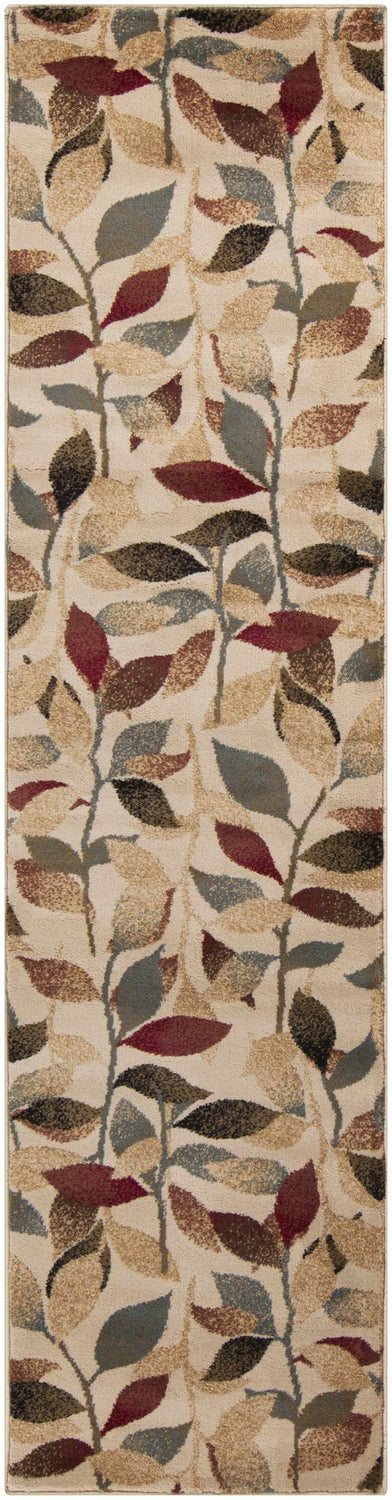 Close-up of the Ober Fall Leaves Rug featuring a leaf pattern in black, charcoal, brown, green, mustard, olive, and red. Design-Runner-275