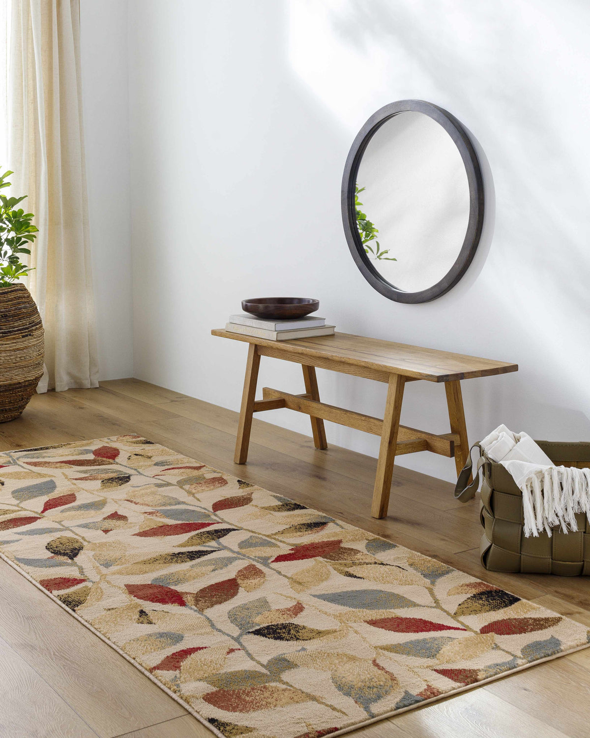 Entryway with Ober Fall Leaves Rug runner, wood bench, round mirror, and woven basket. Roomscene-Runner