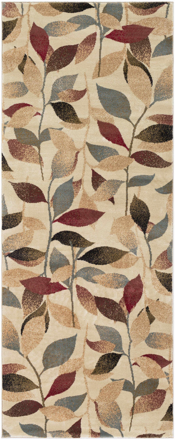 Close-up of Ober Fall Leaves Rug featuring a leaf pattern in red, brown, black, green, and blue on a cream background. Design-Runner