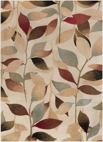 Close-up of the Ober Fall Leaves Rug, featuring a contemporary leaf pattern in red, brown, green, and beige tones. Design-Rectangle-71010