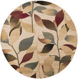 Round Ober Fall Leaves Rug with a contemporary leaf pattern in red, brown, green, and charcoal on a beige background. Design-Round-8