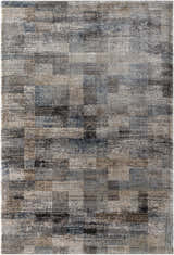 Close-up of the Ohtli Mosaic Luxe Thick Area Rug. Southwestern style with gray, smoke, and blue tones. Machine woven texture. Design-Rectangle-537