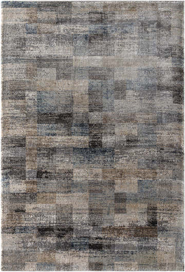 Close-up of the Ohtli Mosaic Luxe Thick Area Rug. Southwestern style with gray, smoke, and blue tones. Machine woven texture. Design-Rectangle-537