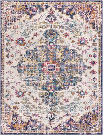 Detailed Okarche Area Rug with a vintage, oriental design in burgundy, teal, navy, mustard, peach, and beige hues. Design-Rectangle-710103