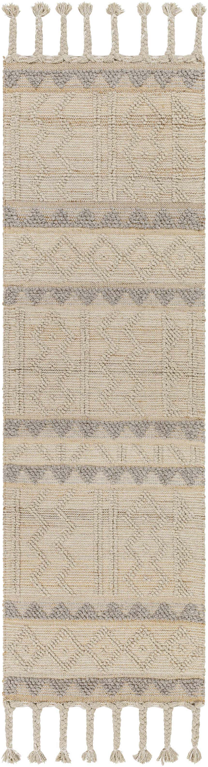 Close-up of the Okurcalar Area Carpet. Hand-woven jute and wool rug with gray and tan geometric patterns and braided tassels. Design-Runner-268