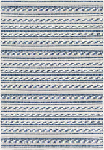 Close-up of the Olin White&Blue Striped Nordic Rug. Features blue striped pattern on a white woven texture. Coastal style. Design-Rectangle-5376