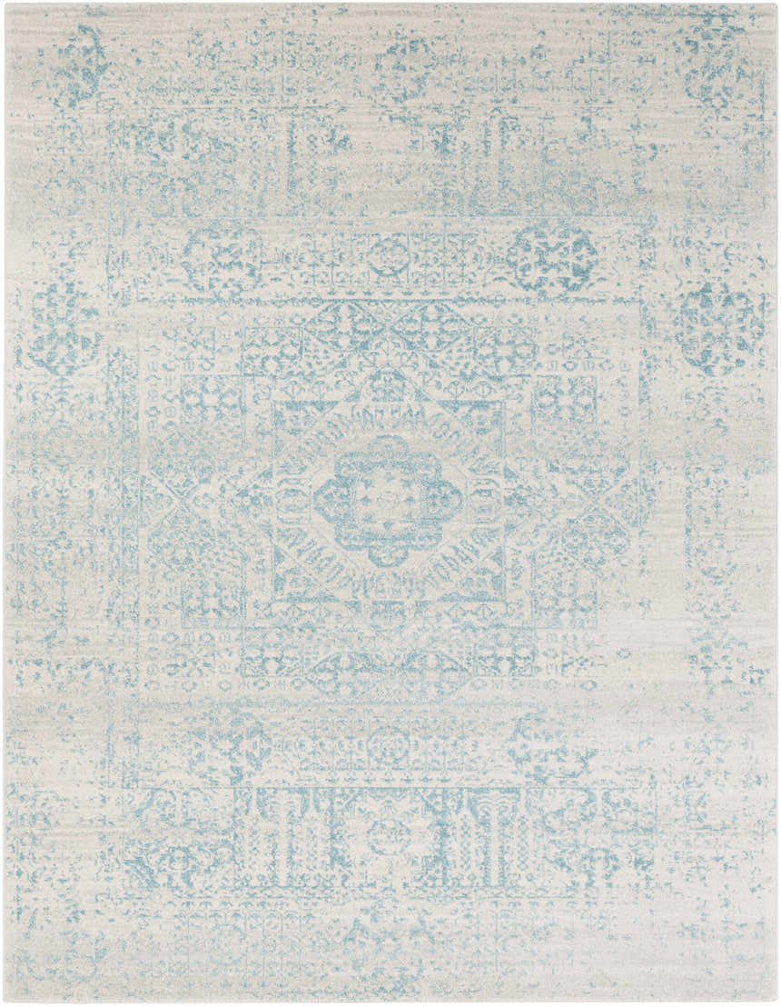 Close-up of the Omega Area Rug. Light beige rug with a distressed teal, traditional, oriental pattern. Design-Rectangle-710103