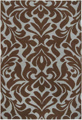 Close-up of the hand woven Oppelo Area Rug. Dark brown floral damask pattern on a sage background. 100% wool texture. Design-Rectangle-58