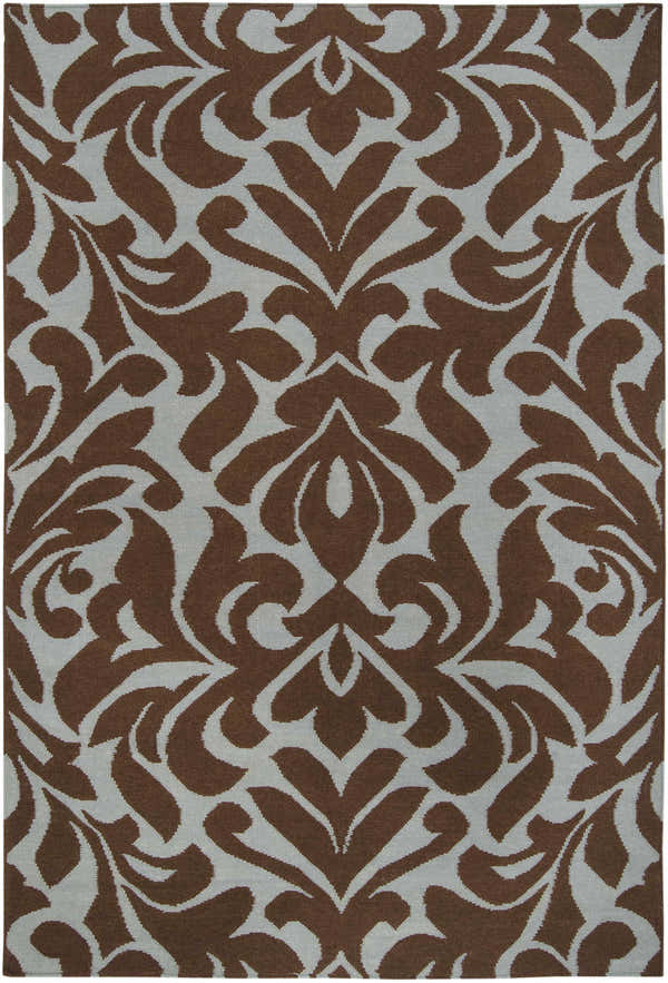 Close-up of the hand woven Oppelo Area Rug. Dark brown floral damask pattern on a sage background. 100% wool texture. Design-Rectangle-58