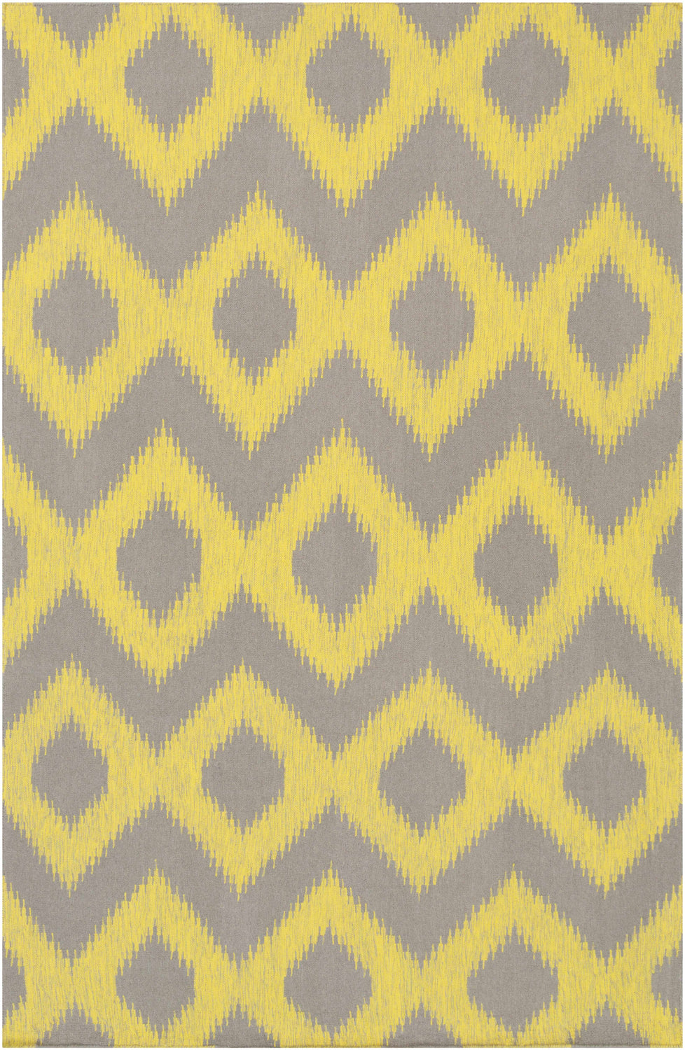 Close-up of the Oradell Yellow Ikat Wool Rug. Features a yellow geometric pattern on a gray background. Hand woven texture. Design-Rectangle-58