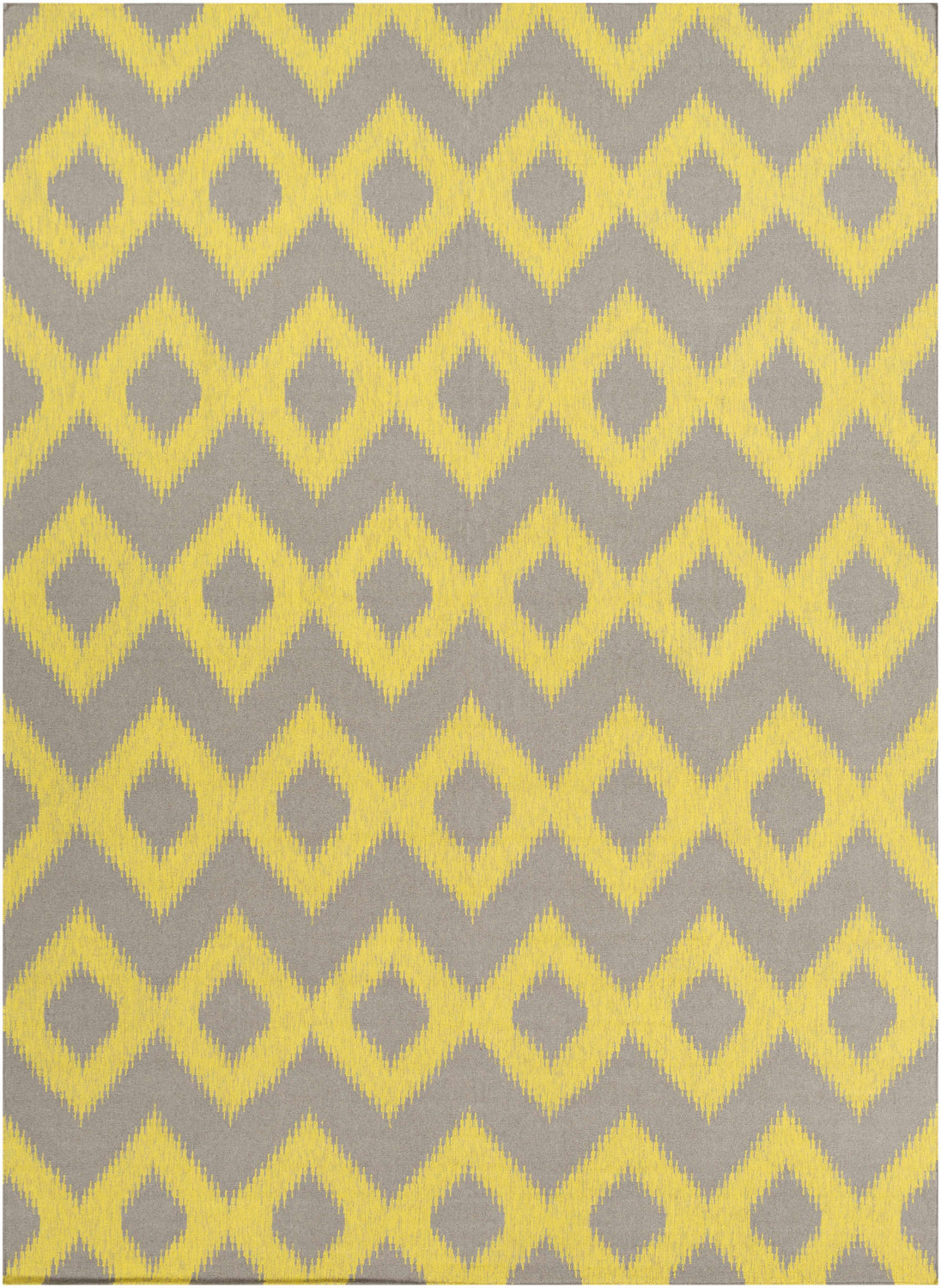 Close-up of the Oradell Yellow Ikat Wool Rug, featuring a bohemian diamond pattern in yellow and brown hues. Design-Rectangle-811