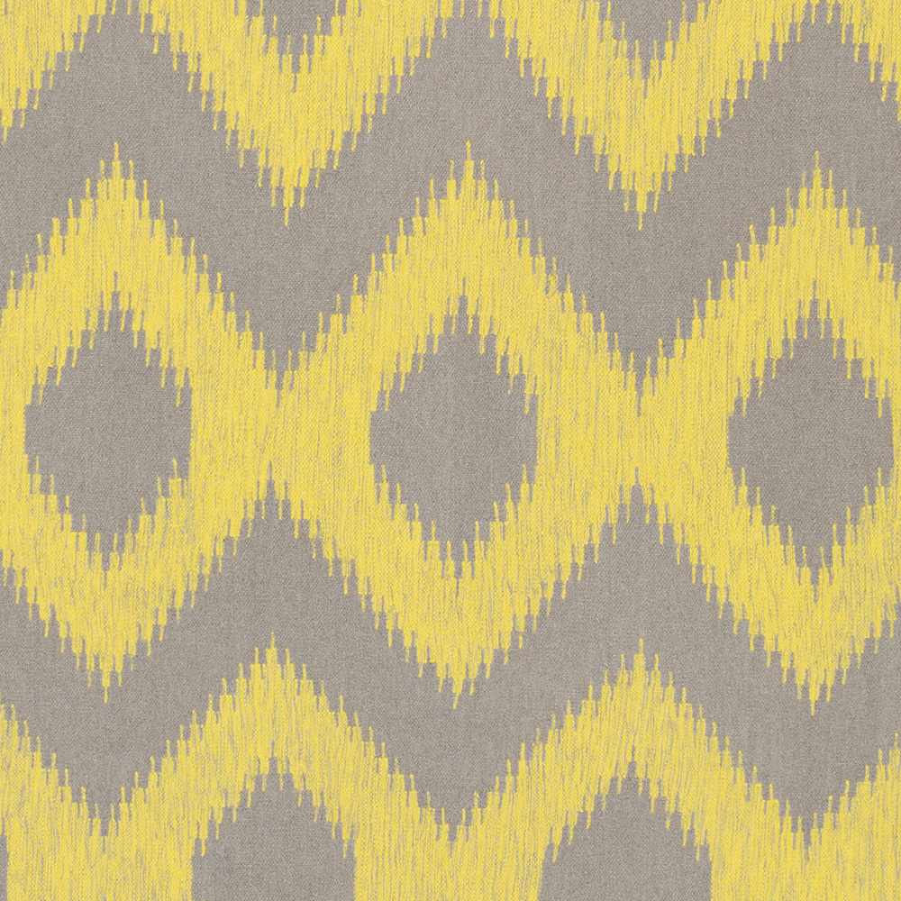 Close-up of the Oradell Yellow Ikat Wool Rug, featuring a vibrant yellow geometric pattern on a neutral gray background. Swatch