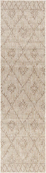 Close-up of the Marwood Brown Nordic Rug. Neutral tones, diamond pattern, machine woven polypropylene rug. Bohemian style. Design-Runner-2710