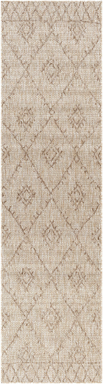 Close-up of the Marwood Brown Nordic Rug. Neutral tones, diamond pattern, machine woven polypropylene rug. Bohemian style. Design-Runner-2710