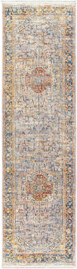 Close-up of the Orchards Area Rug, a runner with a traditional oriental pattern in brick red, burnt orange, and shades of blue and gray. Design-Runner-279