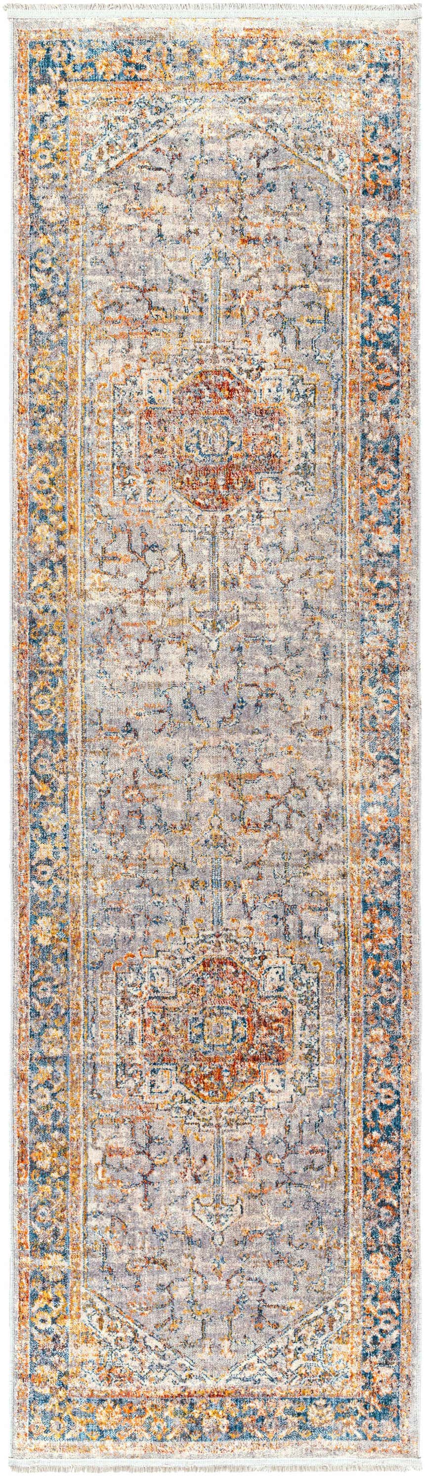 Close-up of the Orchards Area Rug, a runner with a traditional oriental pattern in brick red, burnt orange, and shades of blue and gray. Design-Runner-279