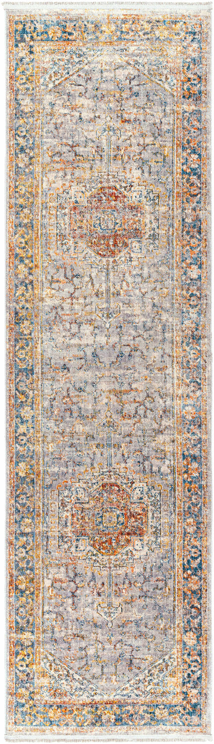 Close-up of the Orchards Area Rug, a runner with a traditional oriental pattern in brick red, burnt orange, and shades of blue and gray. Design-Runner-279