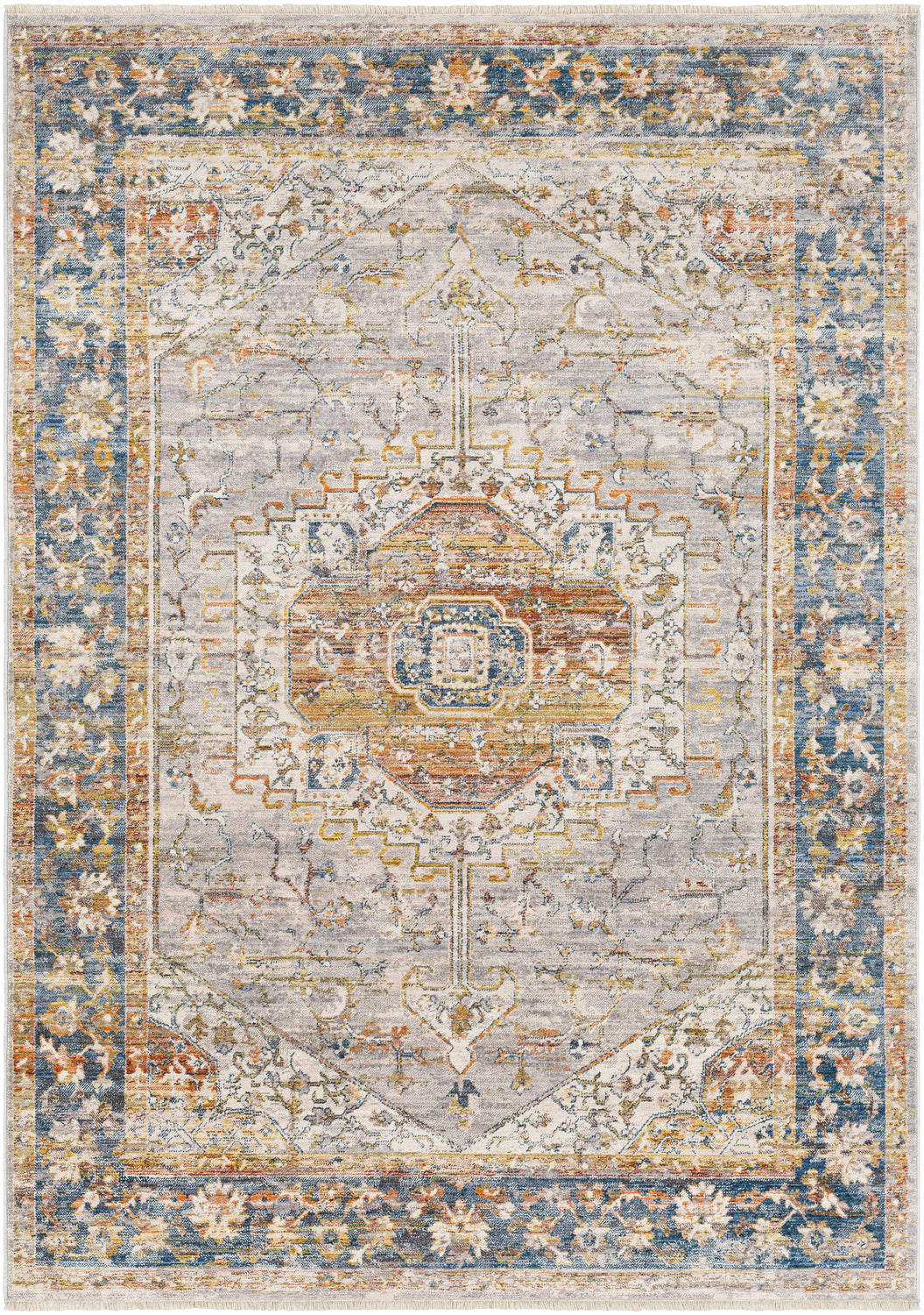 Close-up of the Orchards Area Rug, a machine-woven rug with a traditional oriental pattern in brick red, blue, orange, and gray. Design-Rectangle-58