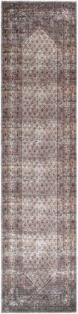 Close-up of the Tan Ormstown Distressed Washable Area Rug. Features a traditional, oriental pattern in tan, cream, and dark blue. Design-Runner-2710