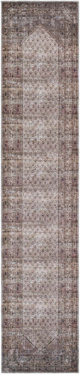 Close-up of a Tan Ormstown Distressed Washable Area Rug. Features a traditional pattern in cream, tan, and dark red. Design-Runner-2712