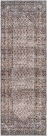 Close-up of the Tan Ormstown Distressed Washable Area Rug, showcasing its oriental pattern, tan, red, and blue colors. Design-Runner-2773