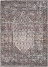 Close-up of the Tan Ormstown Distressed Washable Area Rug, showcasing its oriental pattern and neutral tan, blue, and red tones. Design-Rectangle-46