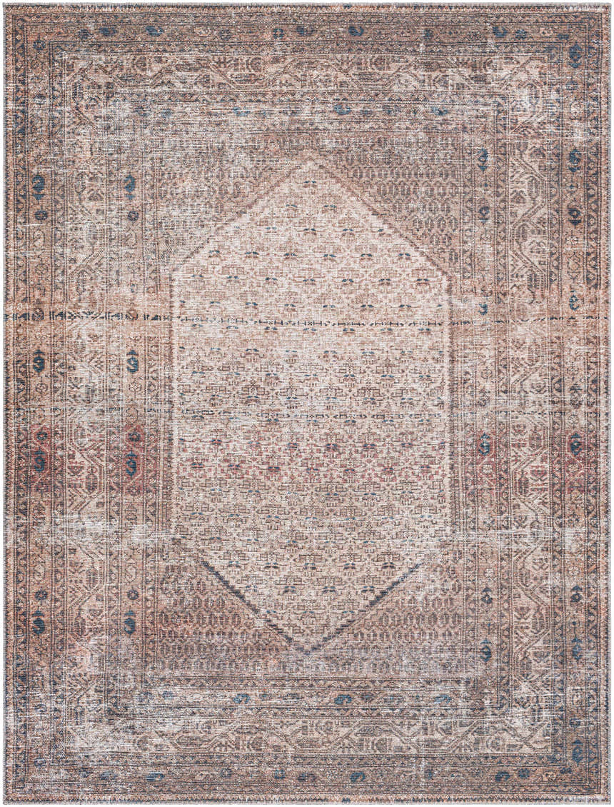 Close-up of the Tan Ormstown Distressed Washable Area Rug. Traditional oriental design in cream, tan, blue, and red tones. Design-Rectangle-710102