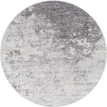 Close-up of round Ortonville Abstract Gray Rug. Charcoal, light slate, and white abstract pattern. Contemporary style. Design-Round-67