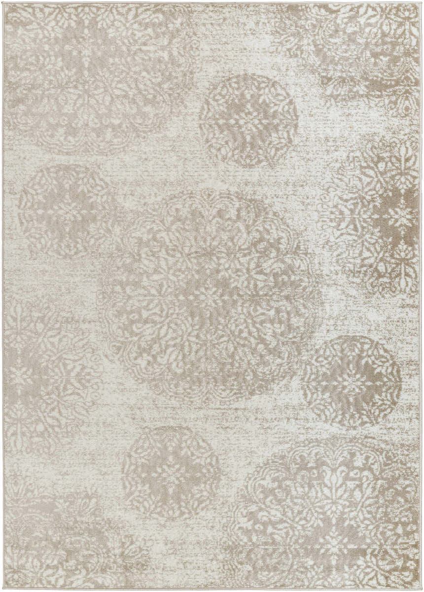 Close-up of the Osman Area Rug. Machine-woven polypropylene rug in ash, light gray, and warm grey with a floral medallion pattern. Design-Rectangle-5373