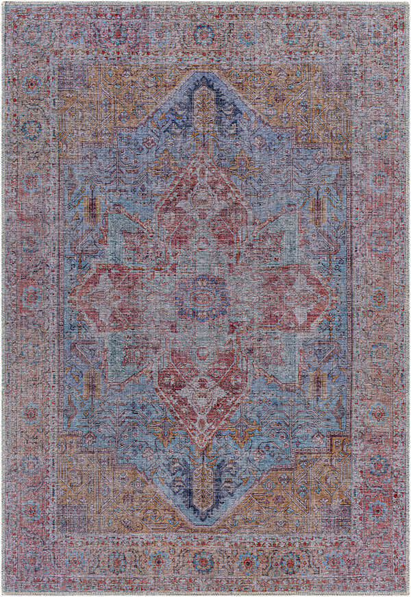 Close-up of the Otaki Washable Area Rug, featuring a traditional oriental design in gray, blue, red, and brown tones. Design-Rectangle-5373